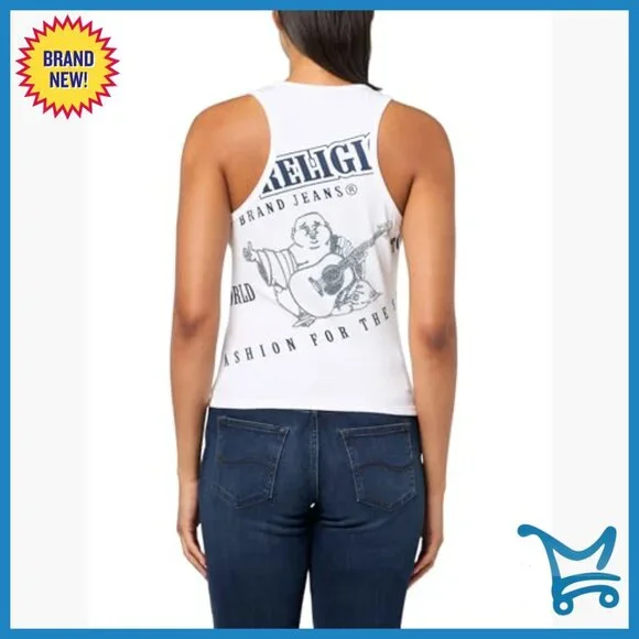 Rhinestone Logo Rib Tank Top, Scoop Neck, Stretchy Cotton Blend - Picture 2 of 3